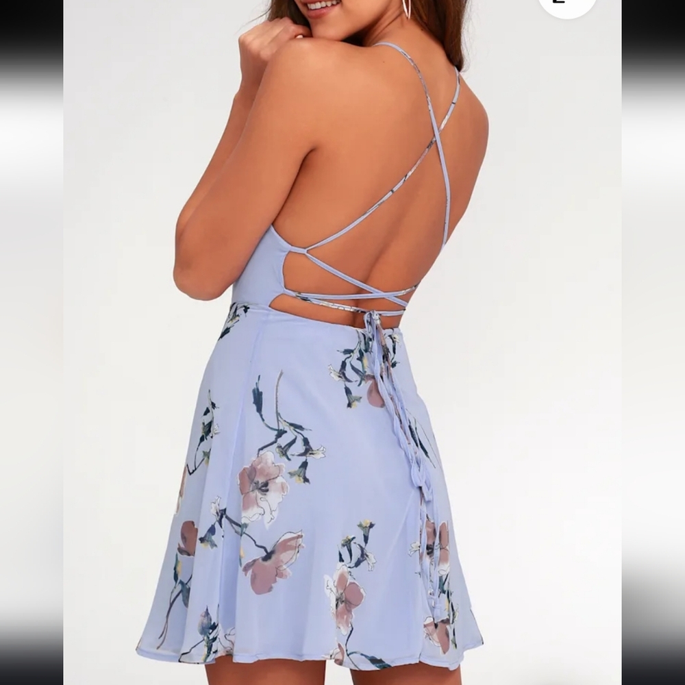 Lulu's Cherished Moment Blue Floral Lace-up Back Sleeveless Mini Skater Dress
